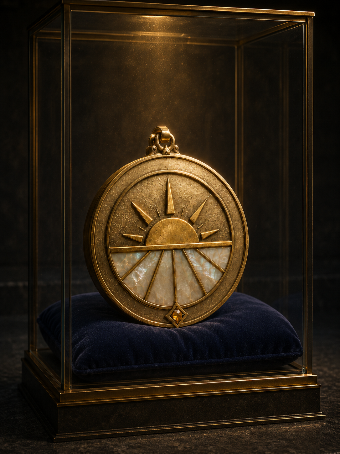 Holy symbol of Lux, a sunrise pendant displayed in a case