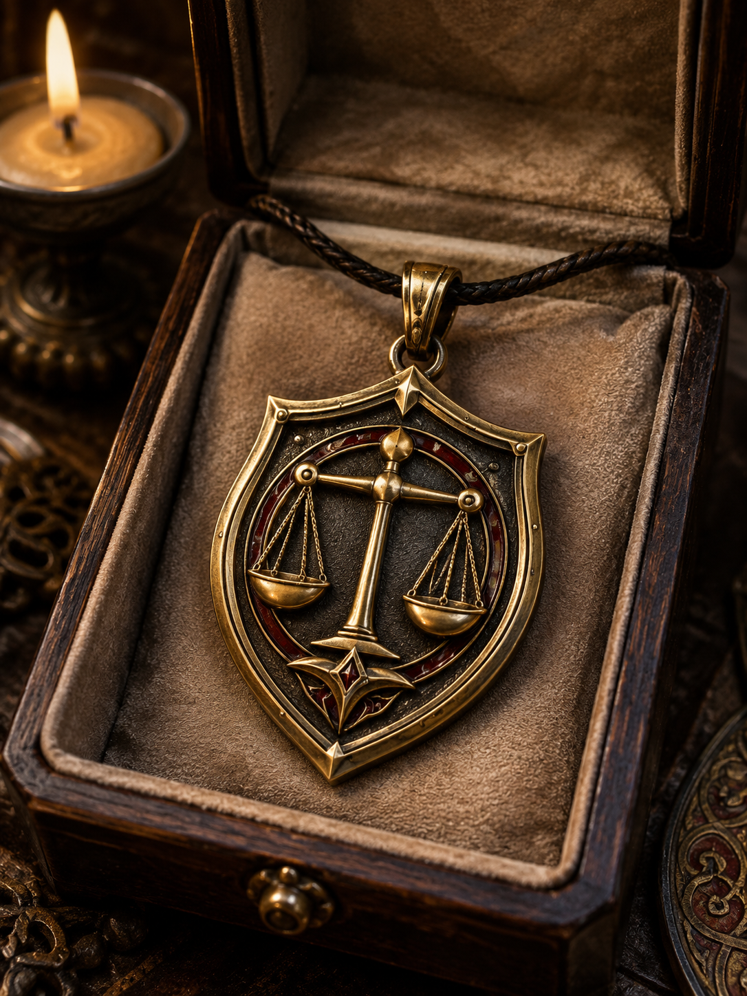 Holy symbol of Proelius, scales within a warding shield pendant displayed in a box