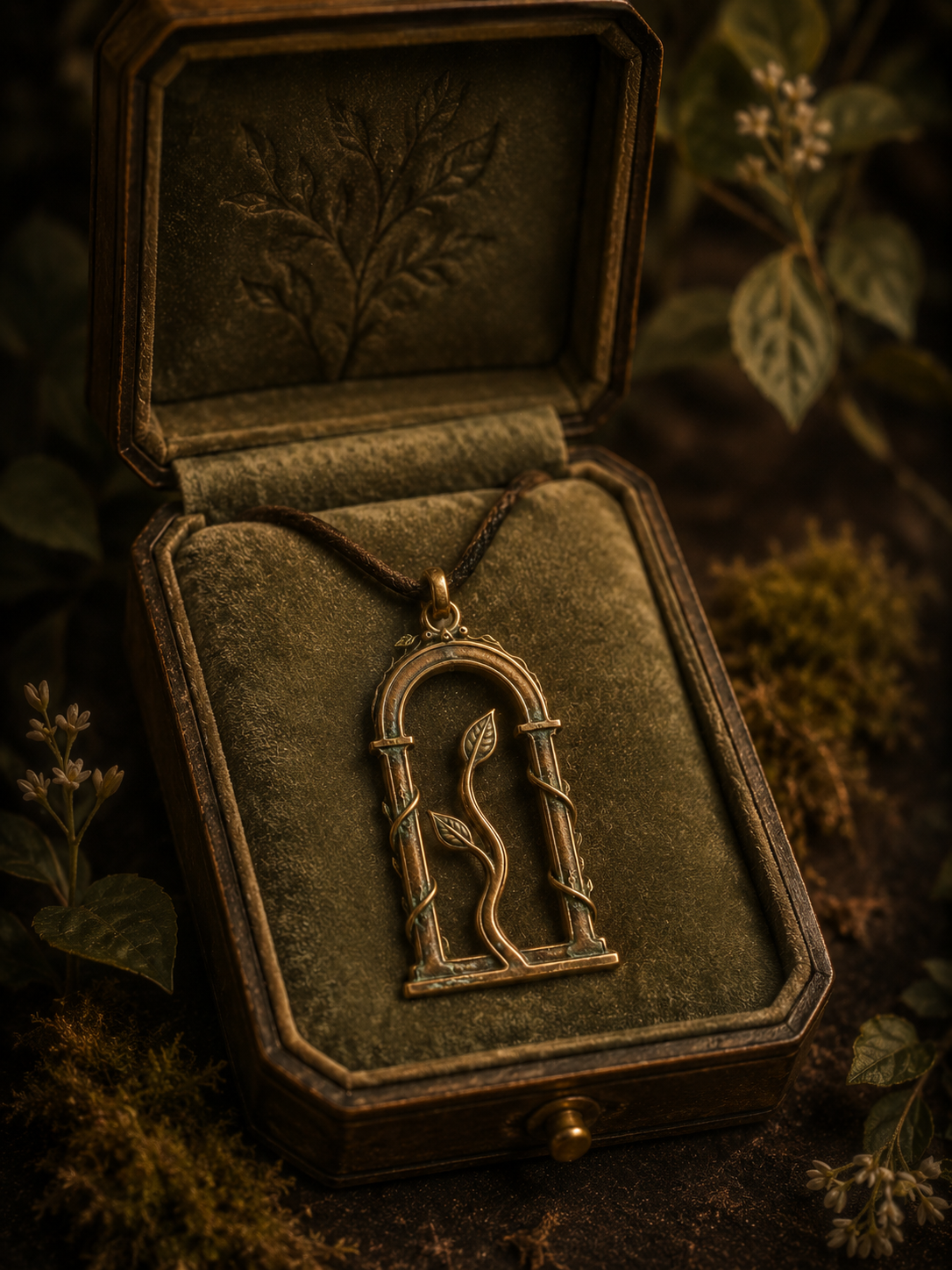 Holy symbol of Vitana, a doorframe and vine pendant displayed in a box